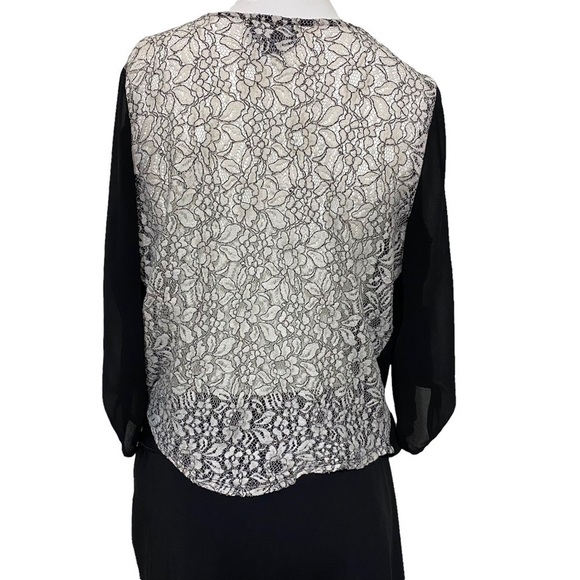 IZ Byer Woman’s Black Sheer Top with Cream Color Lace Roll Tab Sleeves  Jr Sz M - Picture 3 of 12